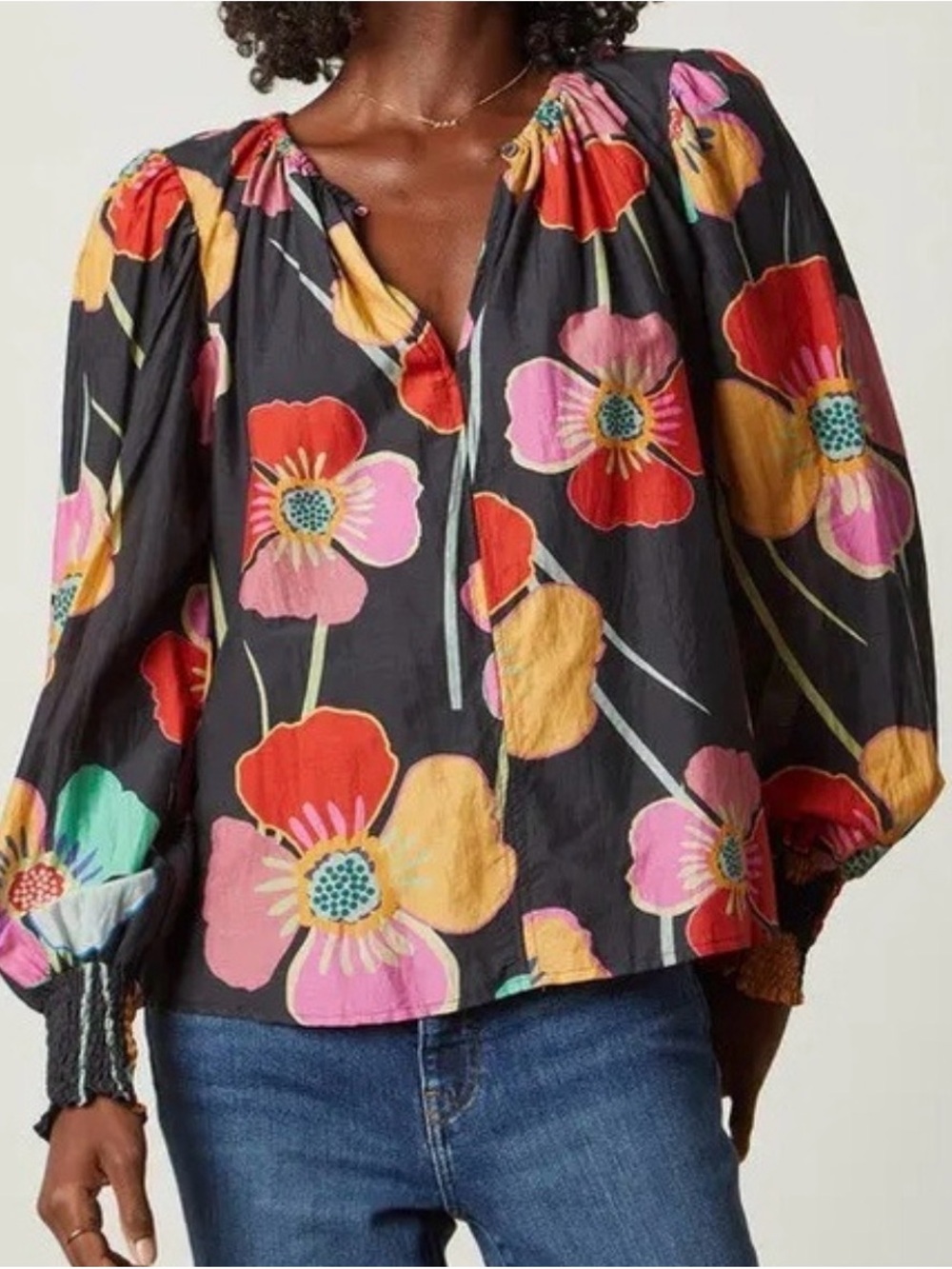 Velvet by Graham & Spencer Black Peasant Blouse with Multicolor Poppies